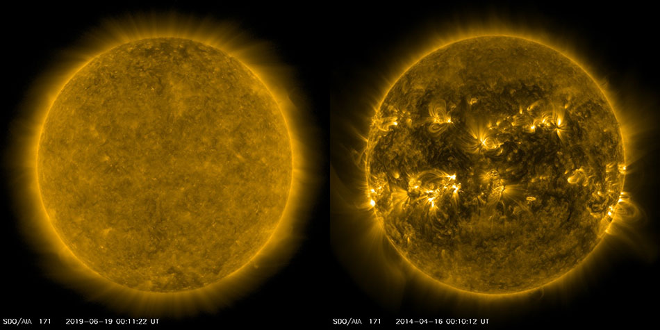 Images of the Sun in the current solar minimum and also in the last solar maximum.