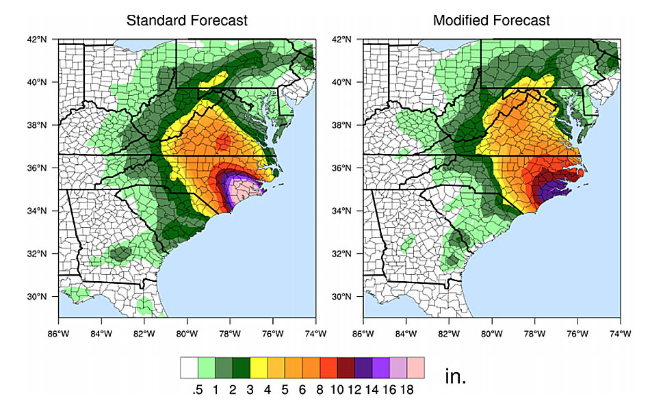 An image showing forecasted rains for Hurricane Florence with and without the impacts of climate change