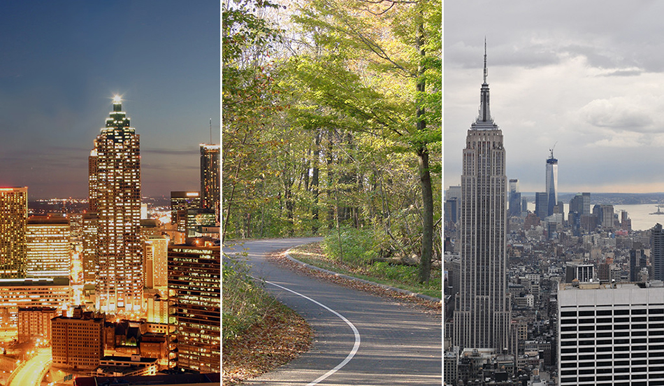 Montage of outdoor scenes from Atlanta, a Michigan forest, and New York City