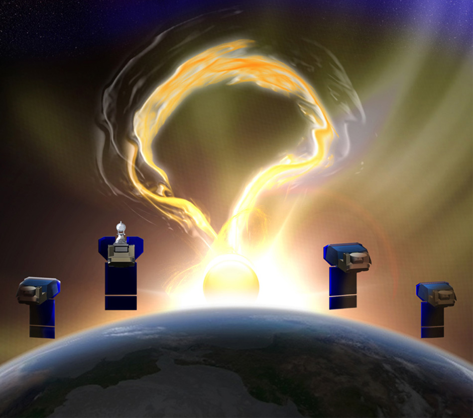 An illustration of four microsatellites observing the Sun