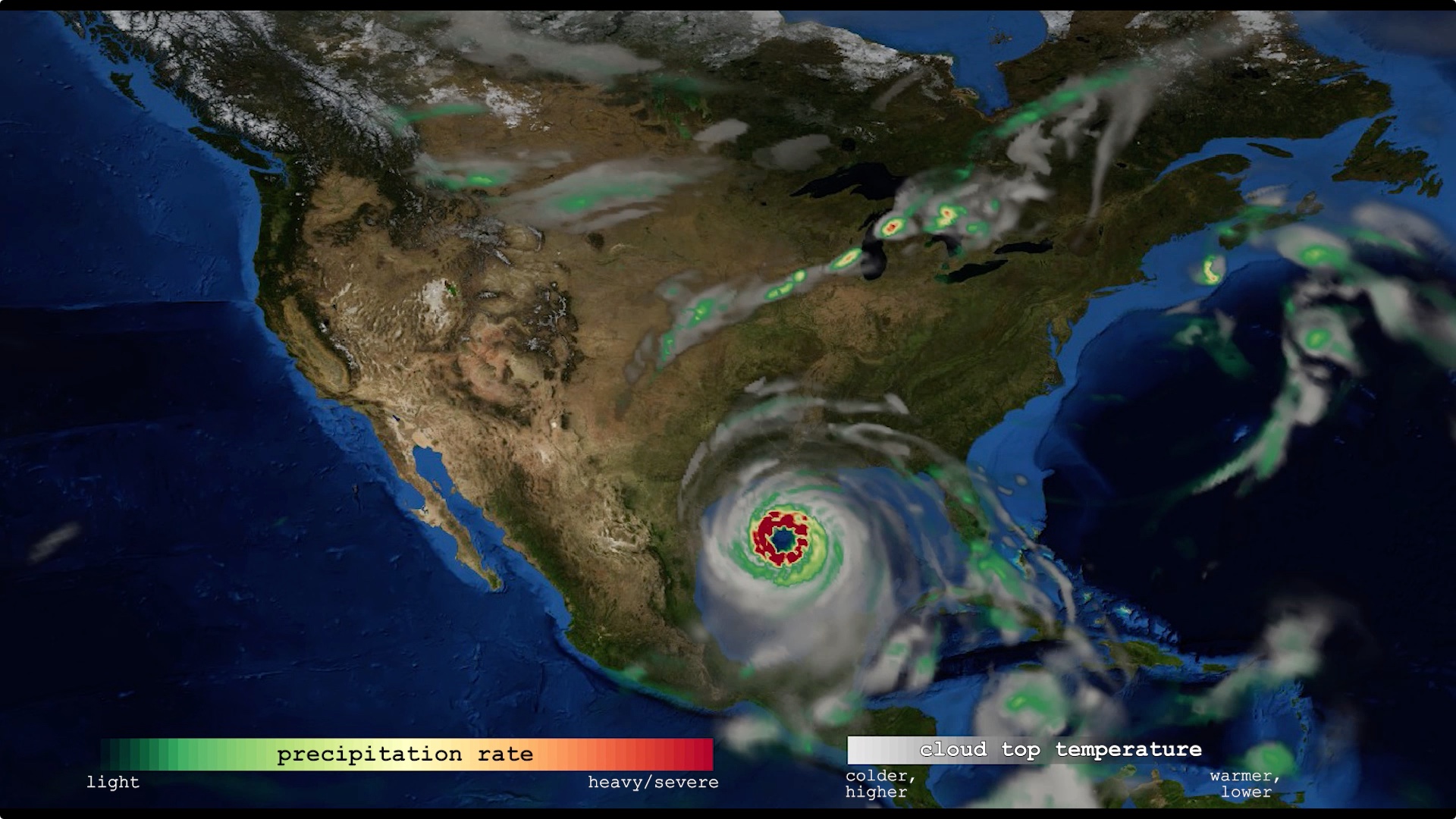 Climate model simulation showing hurricane making landfall.