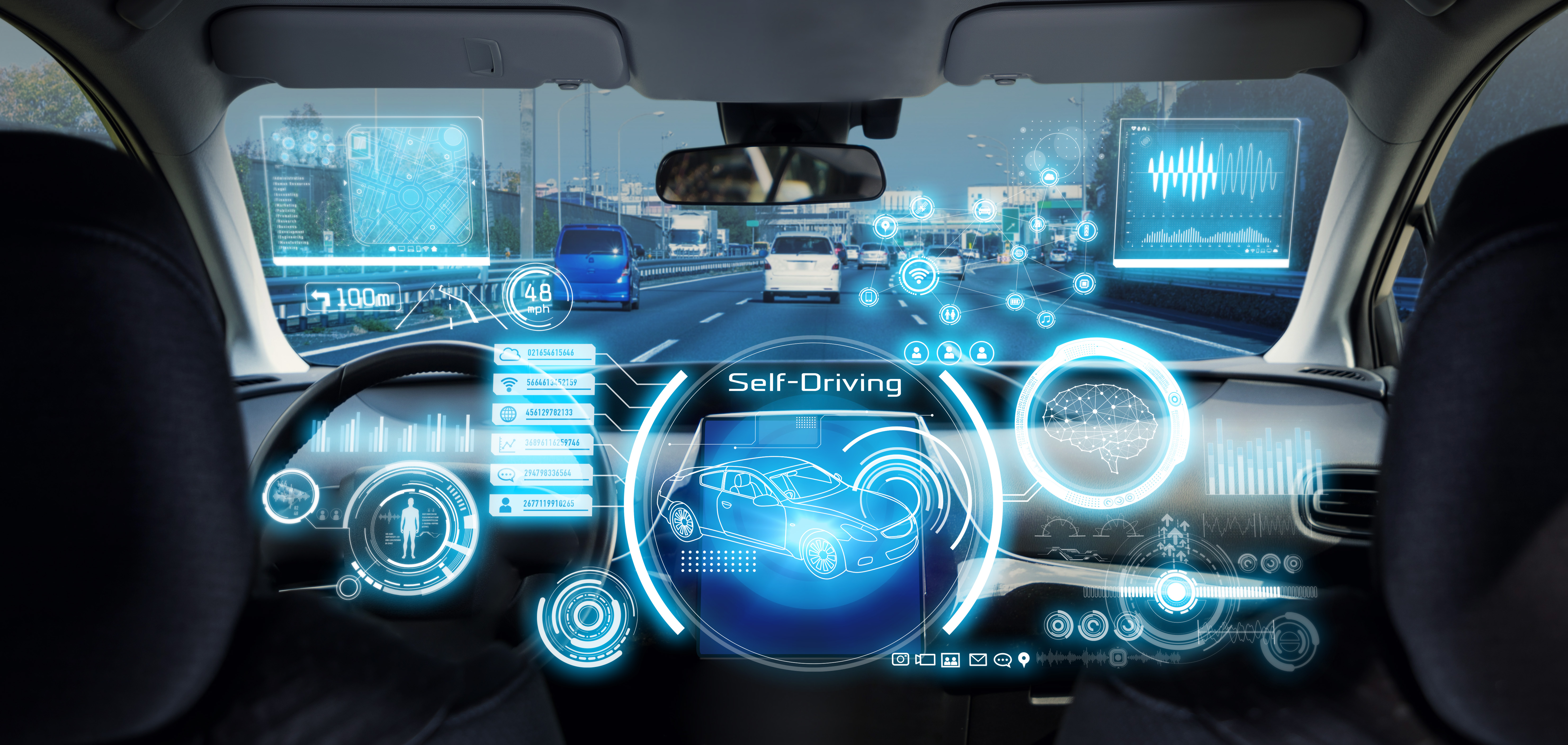 Artist rendition of dashboard of self-driving car.