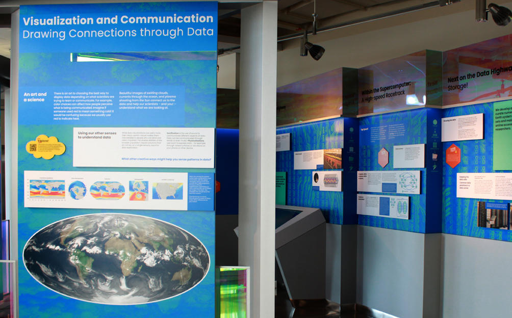Exhibits about data in the new NWSC visitor center.