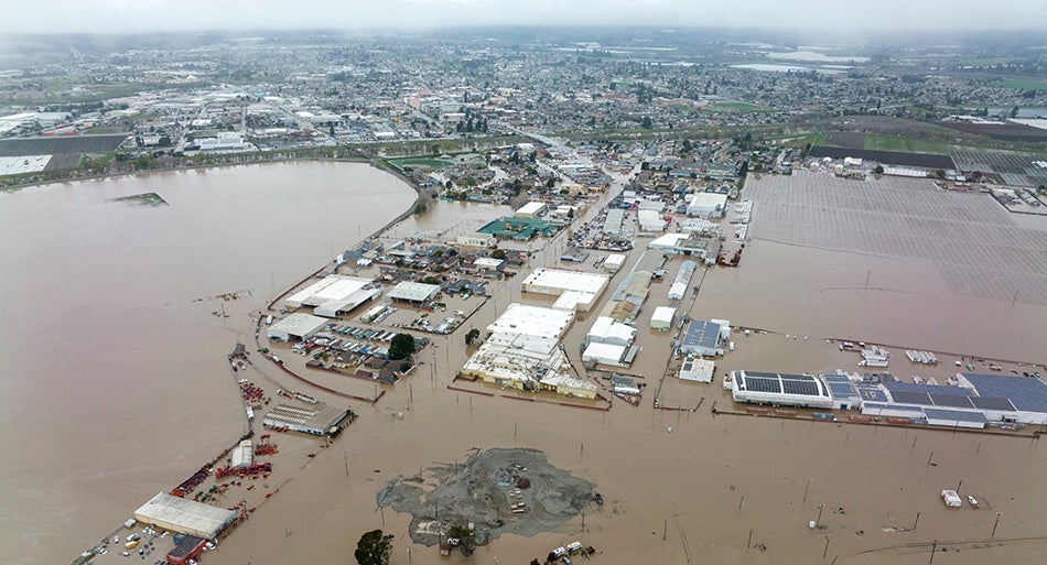 Drone image of flooding in Monterey County, California.