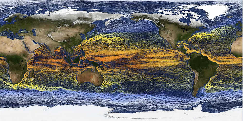 A high-resolution simulation of Earth showing snow cover on land and sea surface temperatures in the oceans.