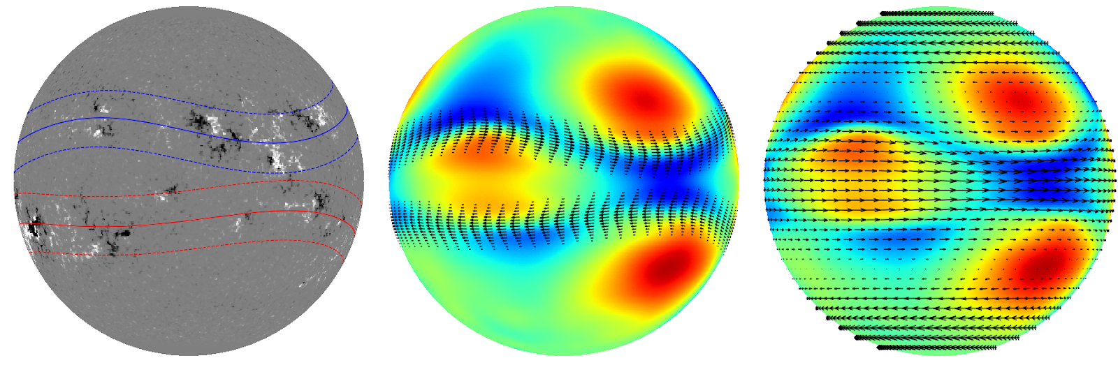 Three images of the Sun showing magnetic vectors produced by PINNBARDS.