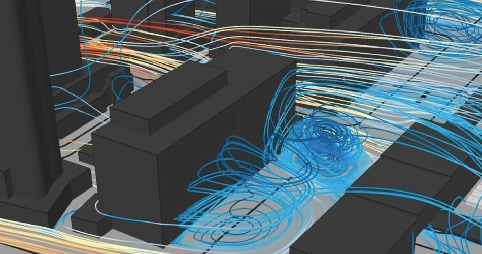 Rendering of wind moving through an urban setting. Wind shown as lines moving around buildings with circular eddies.