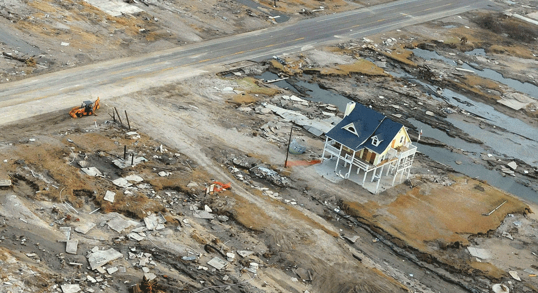 Street with houses destroyed or damaged by Hurricane Ike