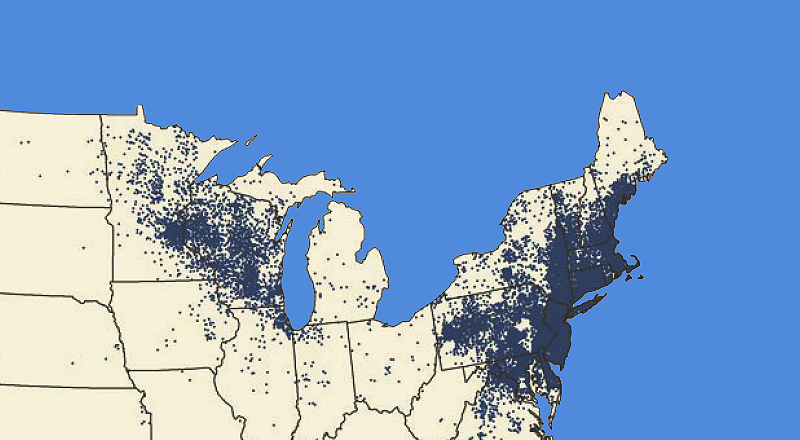 Map showing areas of US Northeast and Midwest where Lyme disease is most common