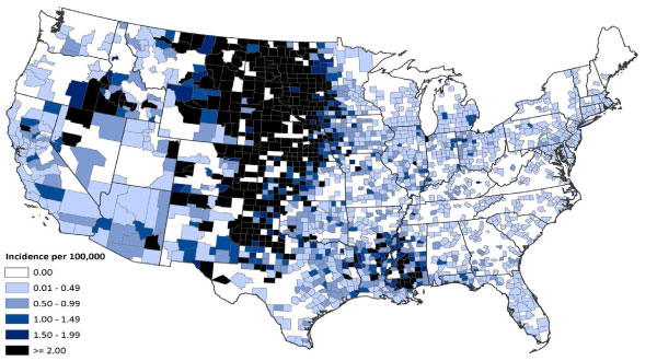 Map showing regions of the US, such as Great Plains, where West Nile virus incidence is highest