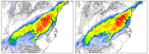 The snow accumulation forecast made by two ensemble members for a January storm