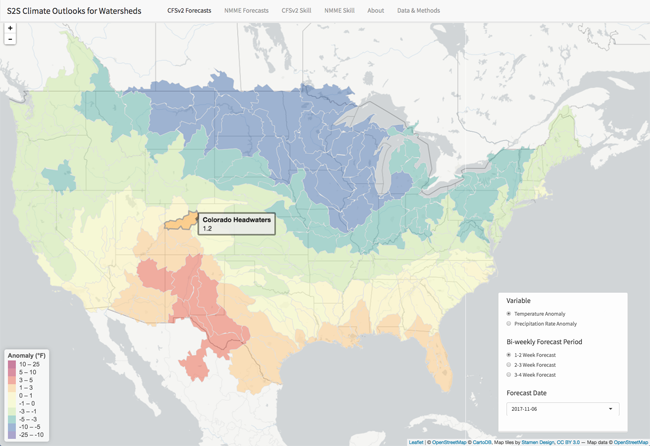 A screenshot of the STS Climate Outlooks for Watersheds website