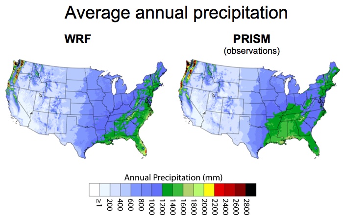 Average annual precipitation in WRF vs. observations