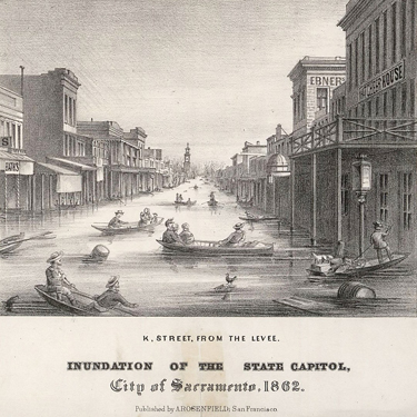 Lithograph of flooding in Sacramento in 1862.