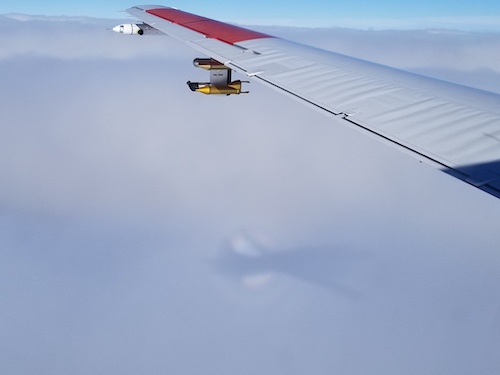 Instruments and sensors are attached to the wing of the NRC Convair 580 to gather data on supercooled liquid water and ice crystals during flight. (Photo credit: The National Research Council of Canada.) 