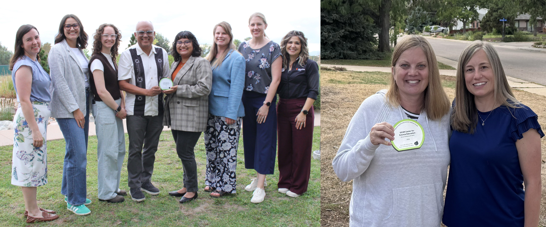 Group photo of science educators next to picture of Becca Hatheway receiving the award after the ceremony. 