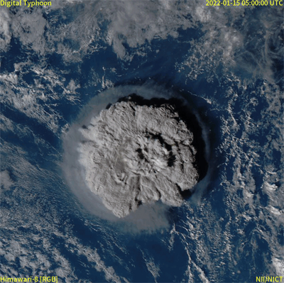 Satellite image of eruption of Hunga Tonga–Hunga Haʻapai volcano.
