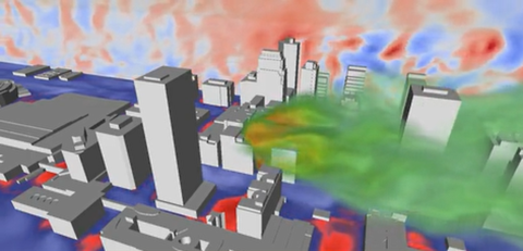 Simulation of tracer and wind moving through an urban setting with skyscrapers.