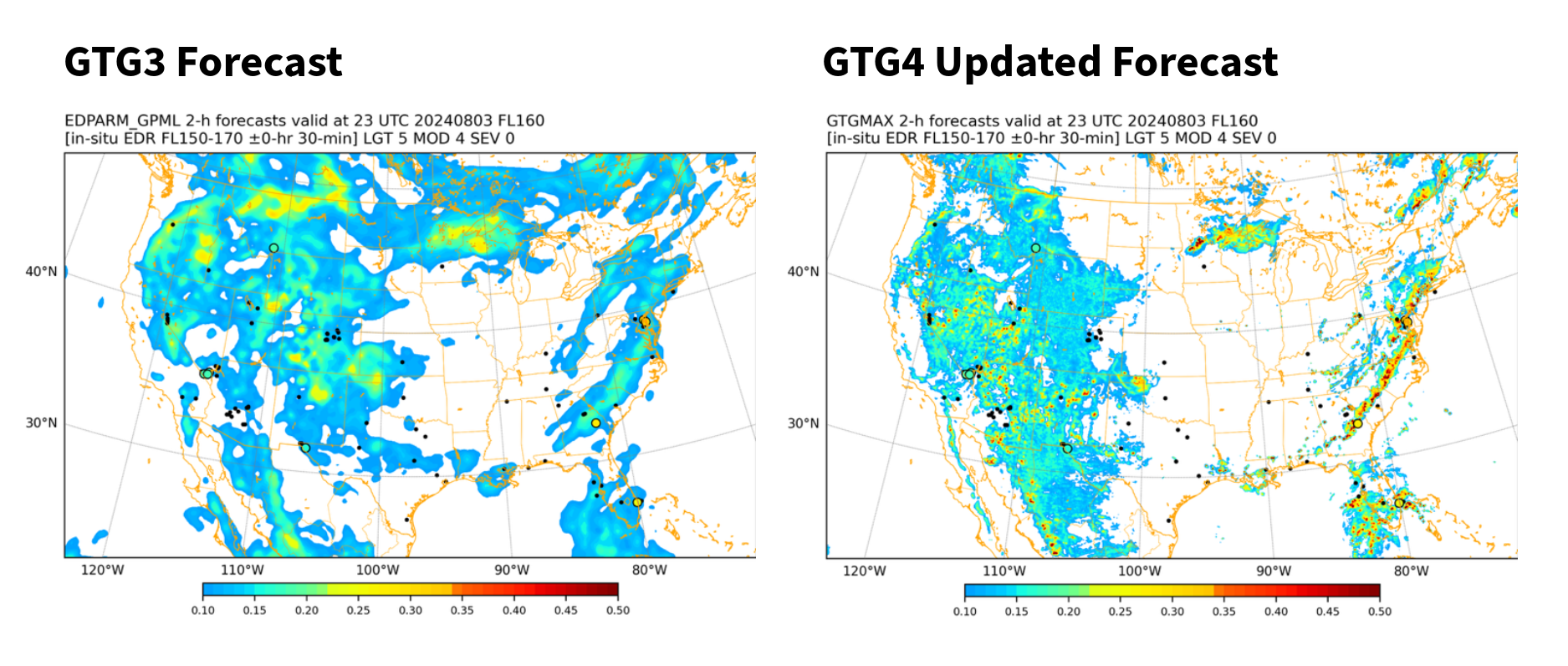 Two maps of the U.S. show turbulence under the old GTG system and the updated GTG system.