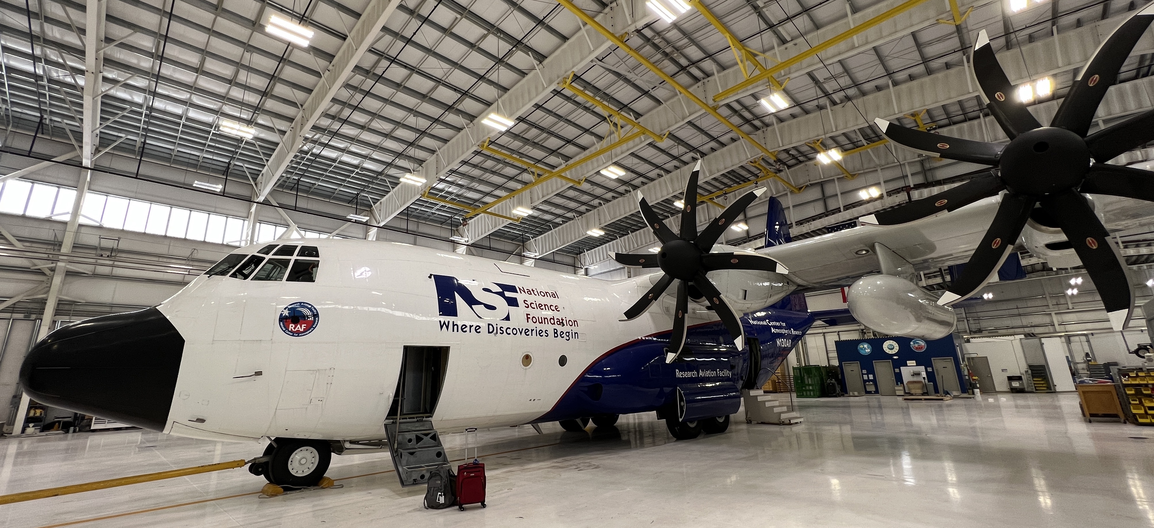 The NSF/NCAR C-130 sits in its hangar at the Research Aviation Facility in Broomfield, Colo. NCAR's new Airborne Phased Array Radar (APAR) will be mounted on this C-130 and made available to the university research community.