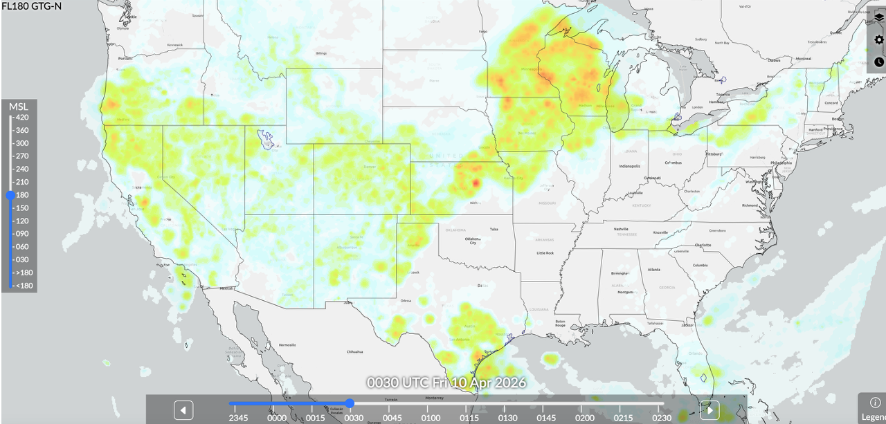 An output from GTGN shows areas of turbulence across the continental U.S. 