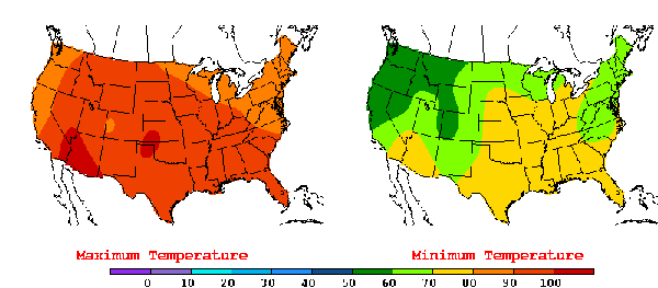 The United States has experienced unusual warmth lately, as indicated by this July 22, 2016, weather map showing much of the country facing highs in the 90s and 100s and lows in the 70s. New research indicates that more record high temperatures may be in store. (Weather map by the National Oceanic and Atmospheric Administration's Weather Prediction Center.)