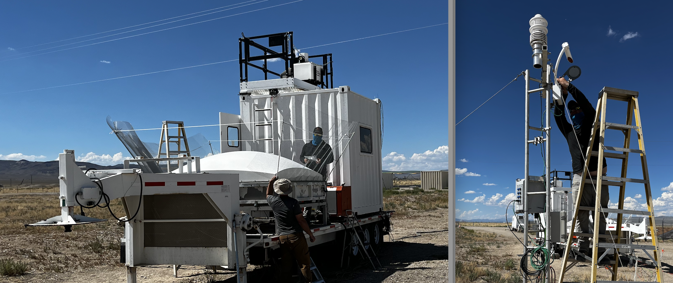 Two pictures of staff adjusting two meteorological instruments. 