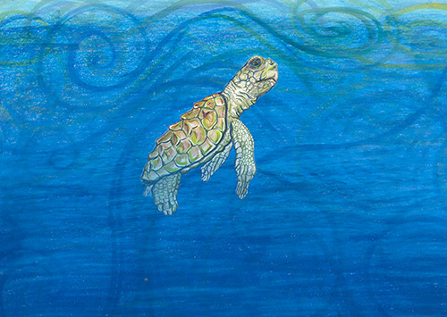 An oil painting of a baby sea turtle