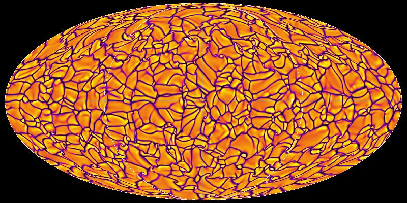 Orange sphere, horizontally stretched out, with purple lines
