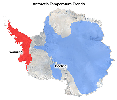 Color map of the Antarctic with red areas and blue areas