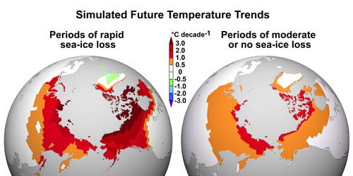 Color image of two globes showing areas of sea ice in northern hemisphere