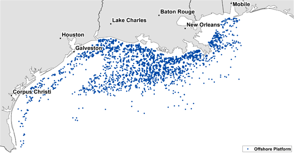 Map of US Gulf Coast with blue dots for drilling platforms