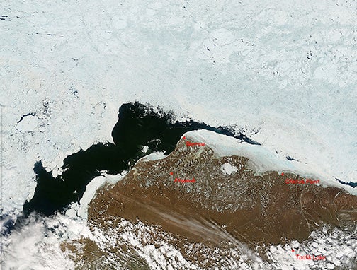 Satellite image of sea ice, land, and water