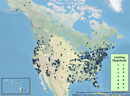 A map of North America with dark spots scattered about