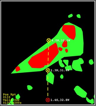 flight route passig thru red area of turbulence