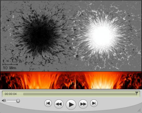 One black and white image, one color of sunspots