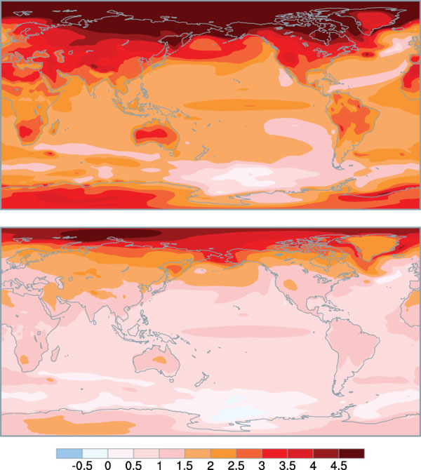 Two color visualizations, dark red indicating greater temperature increase