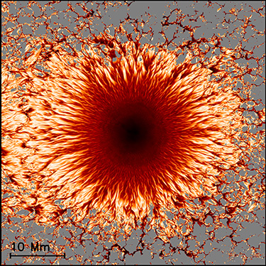 Color image of 3D computer simulation of sunspot's umbra and penumbra