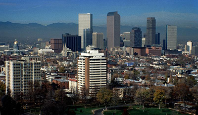 Denver skyline against polluted "brown cloud" sky