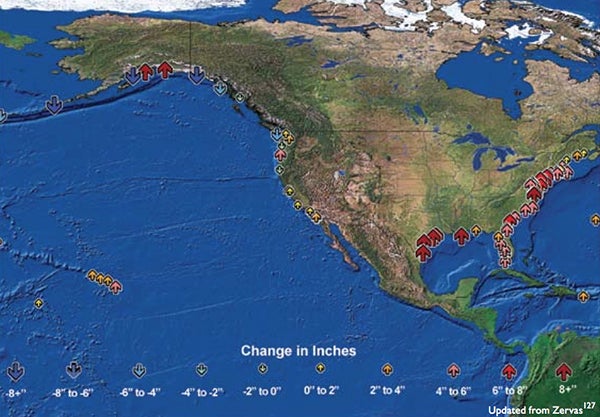 Map of N. America & Hawaii showing areas of U.S. sea level change