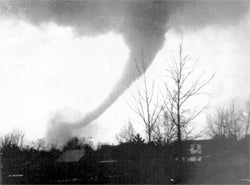 Photo of a tornado with some trees in foreground