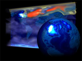 Visualization in blue, red, white and black of Earth