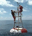 photo of two people on a buoy in the ocean