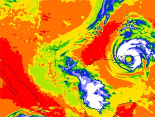 Visualization by computer model of a hurricane, swirls of red, orange yellow and blue