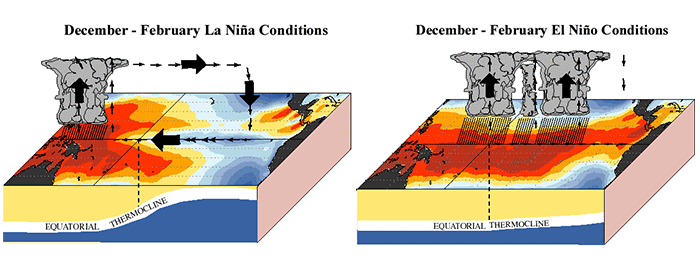 two 3-D views of Pacific Ocean & atmosphere above