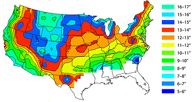 U.S. map showing average snow per inch of water, 1971-2000