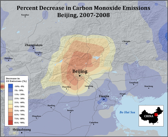 Map showing area around Beijing with reduced carbon emissions