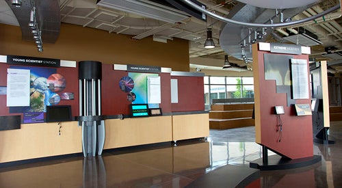 View of several exhibit stations scattered throughout NWSC lobby