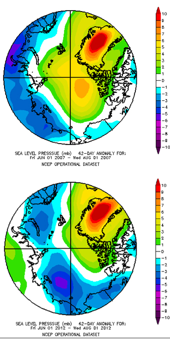 Maps comparing surface pressure anomalies in the Arctic in 2007 and 2012