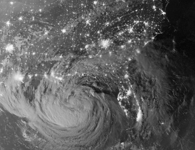 Nighttime view of Hurricane Isaac in Gulf of Mexico and U.S. cities to the north